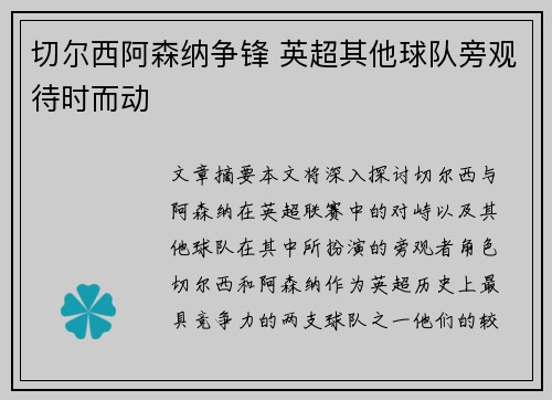 切尔西阿森纳争锋 英超其他球队旁观待时而动