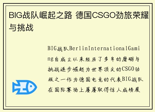 BIG战队崛起之路 德国CSGO劲旅荣耀与挑战